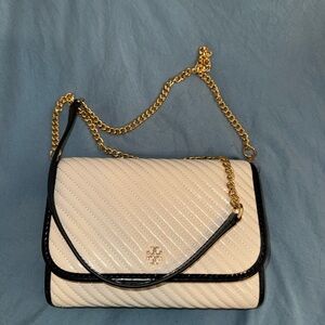 Tory Burch Cream Quilted Shoulder Bag with Black Trim and Gold Chain